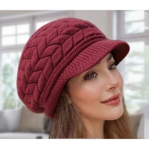 Burgundy Braided Knit Beanie With Visor Brim Warm Winter Hat